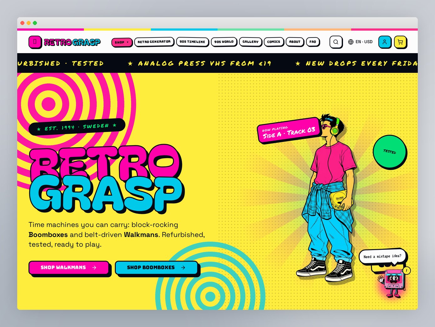 Skärmbild från webbplatsen för Retrograsp